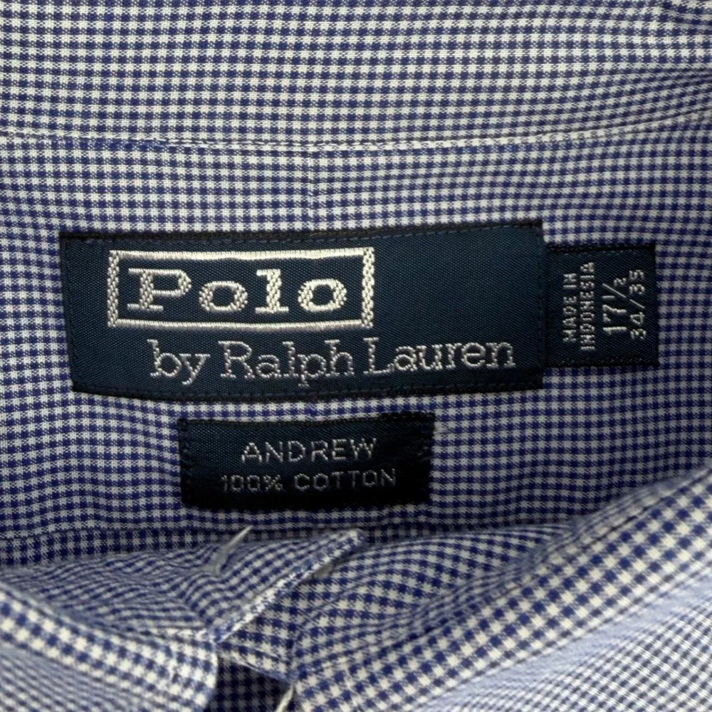 Polo Ralph Lauren Men Andrew Fit Gingham Dress Shirt Blue White Size 17 34/35 XL